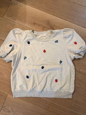 T.La Cream Short-Sleeve Sweater Top with Fruit Embroidery